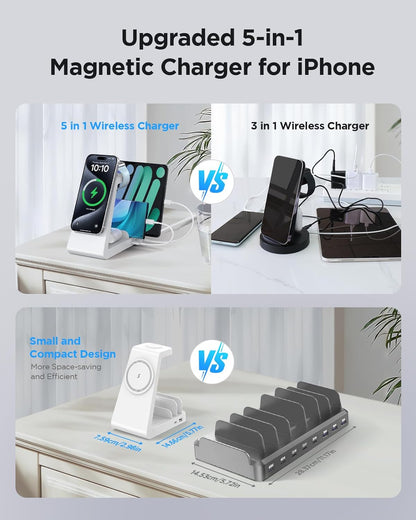 Charging Station for iPhone,5 in 1 Wireless Charger Stand Dock for Apple: Mag-Safe Charging Station for Multiple Devices Apple iPhone 17 16 15 14 13 12 Pro Max Plus iWatch Airpods