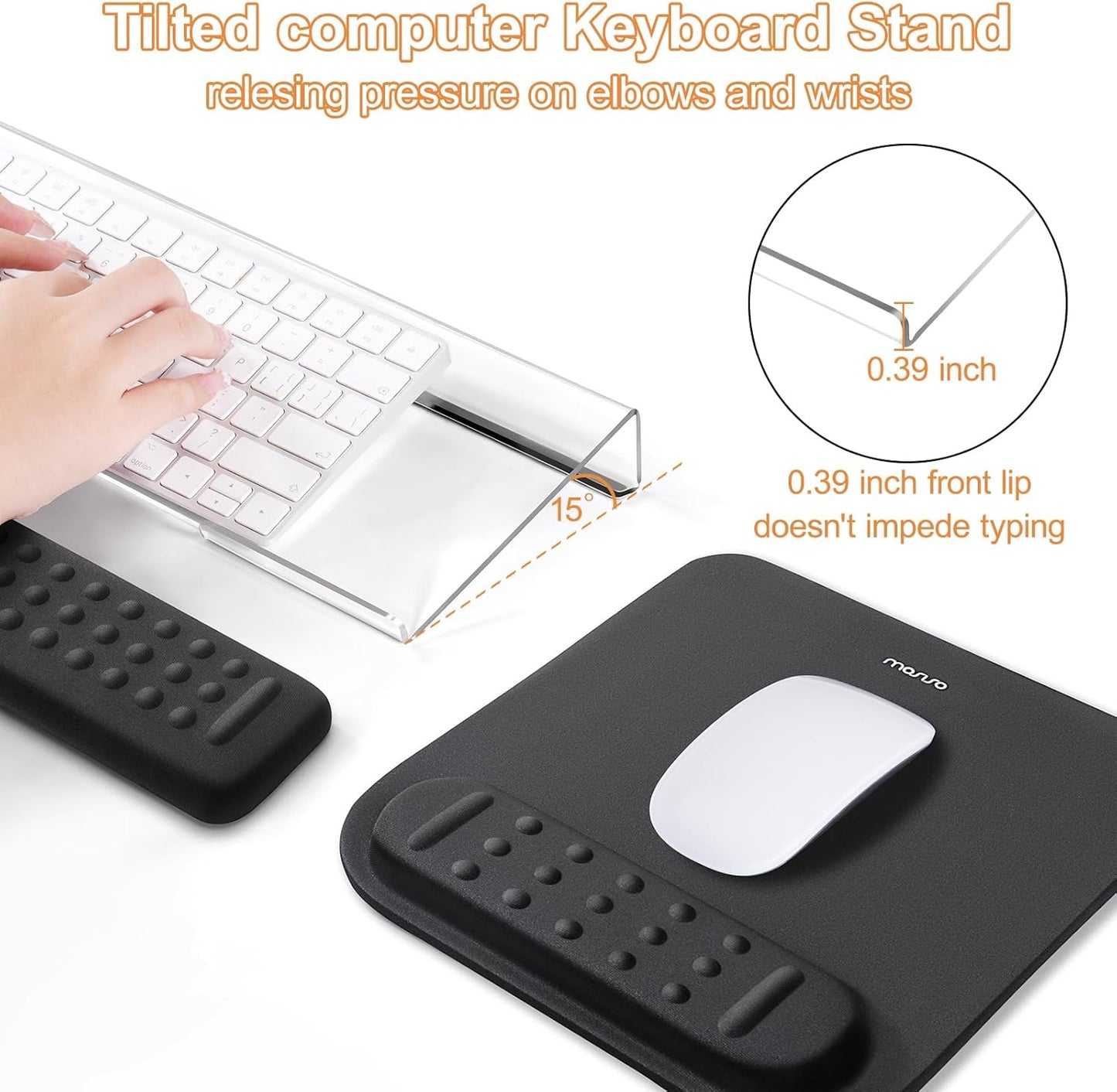 MOSISO Computer Keyboard Stand&Wrist Rest Support for Keyboard &Mouse Pad Set, Ergonomic Massage Wrist Rest Set, Easy Typing Working Acrylic Clear Stand for Office Home, Apricot