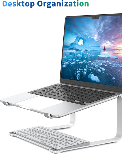 SOUNDANCE Laptop Stand for Desk, Ergonomic Metal Computer Riser for 12-17.3 Inch Laptops, Heavy Duty Stable Desktop Holder, Improves Eye Level & Workspace Organization, Silver