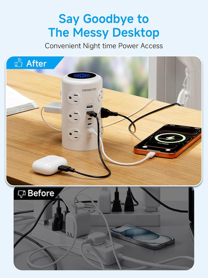 Surge Protector Power Strip - Desk Charging Station with 15W Wireless Charger, Multiple Outlets Charging Station with 16 2300J AC Outlets & 5 USB (2 USB C) Port, for Home, Office, Dorm Room
