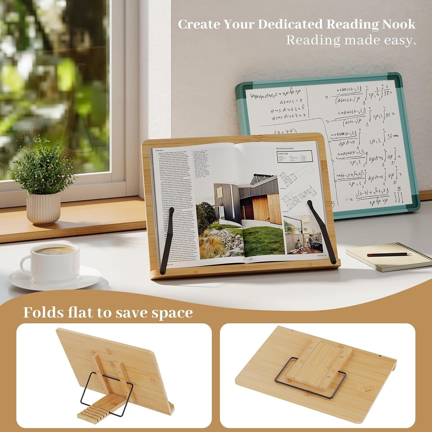 Bamboo Book Stand, Adjustable Book Holder, Music Stand - Lightweight and Stable for Cookbook, Textbook, Notebook, Desk Home Office Kitchen (Small)