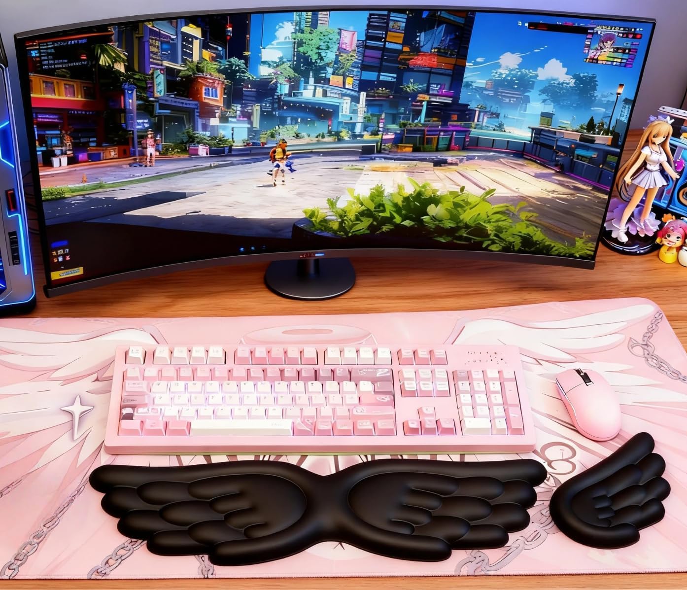 Angel Wing Wrist Rest Ergonomic Memory Foam Wrist Rest for Computer Keyboard Mouse Set, Cute Gaming Keyboard Cushion Hand Support PU Leather Surface Anti-Slip Waterproof White Angel Wing