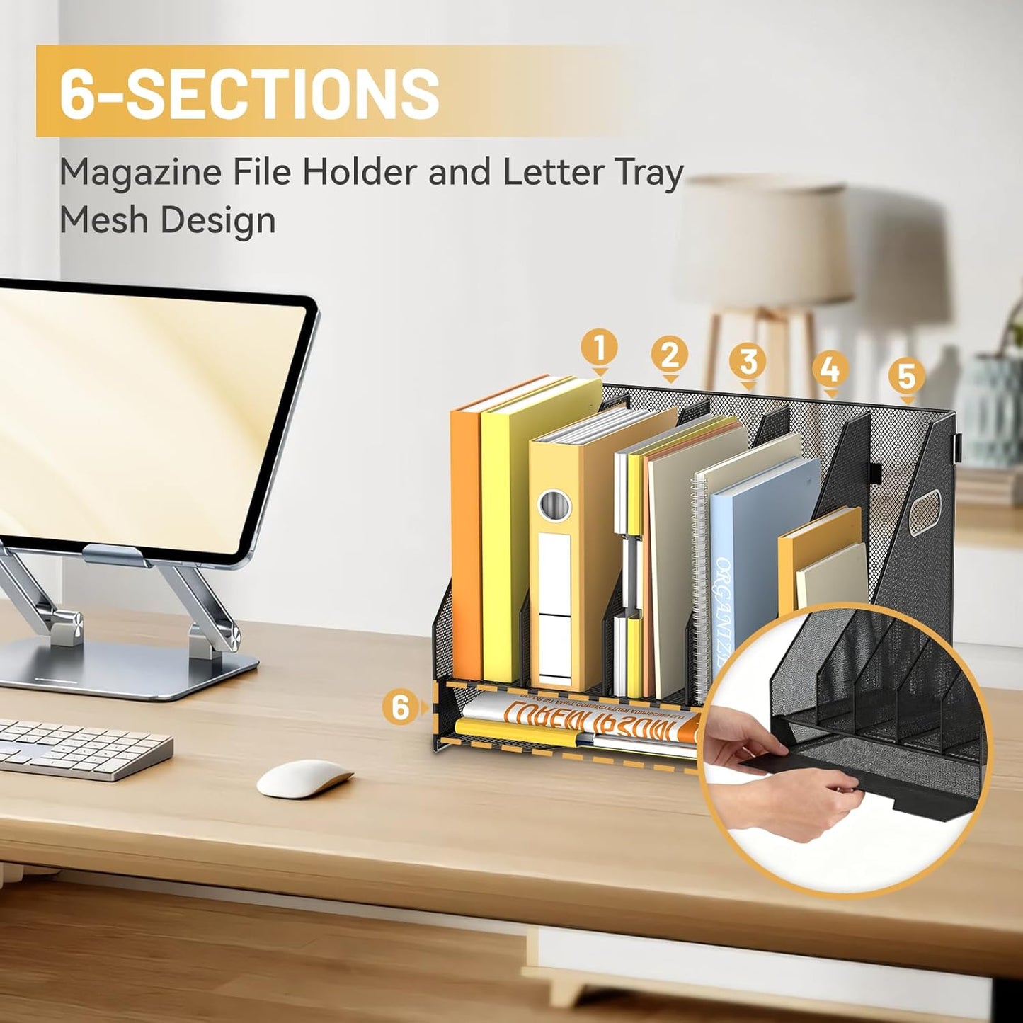 DALTACK Magazine File Holder, 5 Vertical Compartments Rack Binder Holder with Paper Tray, Metal Magazine Organizer for Office, Home, School (Black)