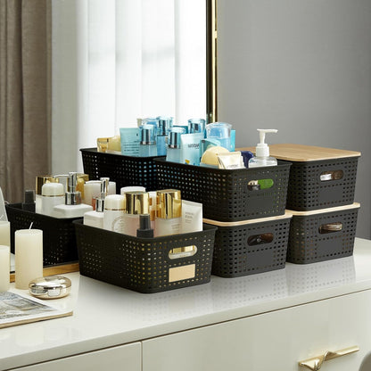 Bagnizer Small Plastic Storage Bins with Bamboo Lids 5.2qt Stackable Box Basket Pantry Decorative Containers Cute with Labels for Organizing Desktop Closet Office Cream White of 6 packs 10*7.2*4.1"