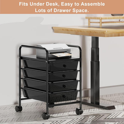 4-Tier Utility Cart with 4 Drawers, Rolling Utility Cart with 2 Lockable Caster Wheels, Multipurpose Mobile Rolling Drawer Cart for Office Bathroom Kitchen, Ivory White