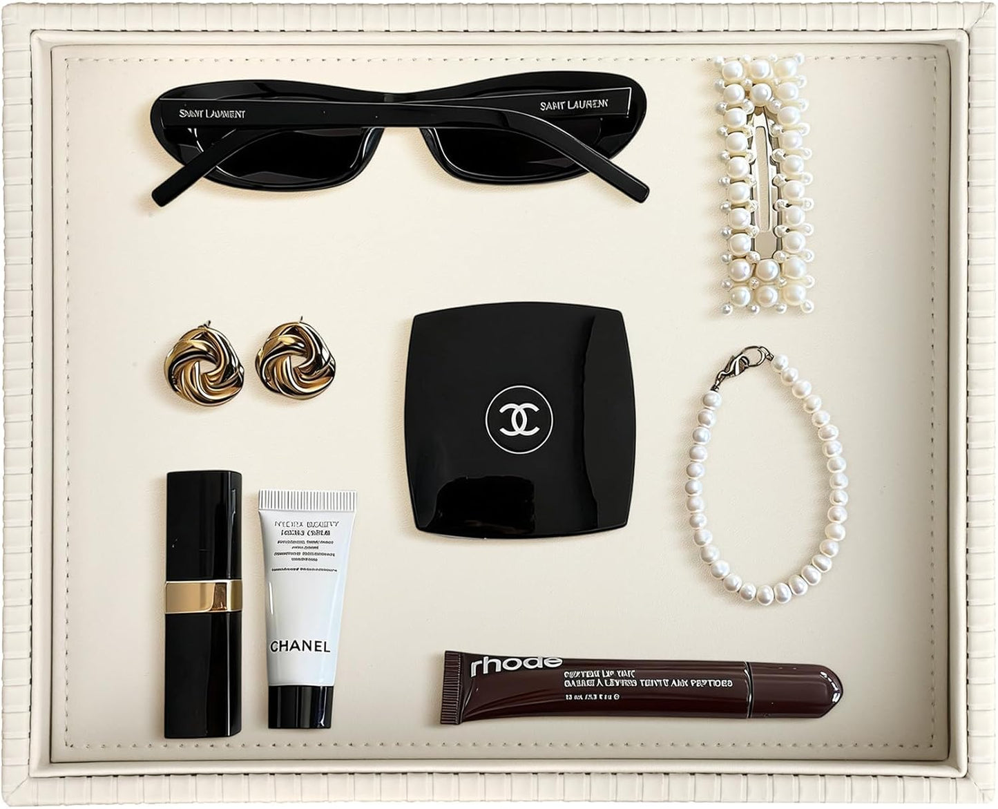 HofferRuffer Faux Leather Vanity Tray, Elegant Desktop Storage Organizer, Decorative Catchall for Perfume, Bathroom Valet, Nightstand or Dresser, Black, 10.2 x 8.4 x 1.8 Inches