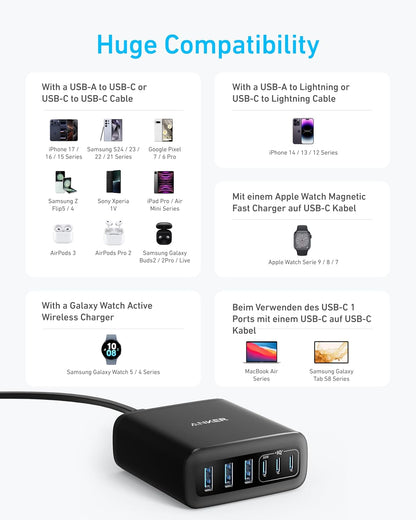 Anker Desktop Charger, Fast Charging USB C Charger with 112W Max 6-Port Desk Accessories for Home Office, Campatible with Multiple Devices, iPhone, iPad, MacBook, Galaxy and More (Cable Not Included)