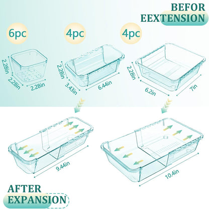 14 Pcs Adjustable Clear Drawer Organizer, Extendable Vanity Storage Bins, Desk Drawer Organizer Set for Makeup, Cosmetics, Bedroom, and Gadgets, Purple