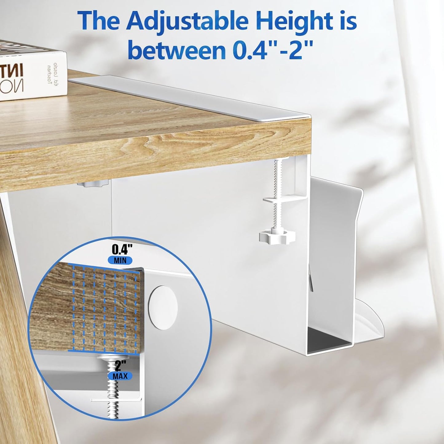 Litwaro Desk Side Storage Organizer, 2 Tier Under Desk Laptop Holder No Drill, Laptop Mount with Magnetic Pen Holder, Hanging Desk Organizer Fits Flat Edge Desks 0.4" to 2.1" (White)