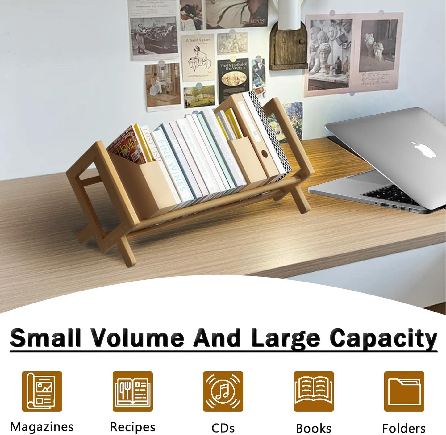 Desktop Bookshelf Bamboo Book Storage Organizer Large Magazine Holder Racks for Home Office Bedroom Tilting Bookcase for Books CDs Files Magazine Display Back to School Gift