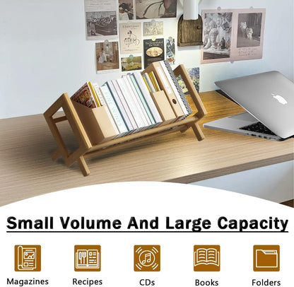 Desktop Bookshelf Bamboo Book Storage Organizer Large Magazine Holder Racks for Home Office Bedroom Tilting Bookcase for Books CDs Files Magazine Display Back to School Gift