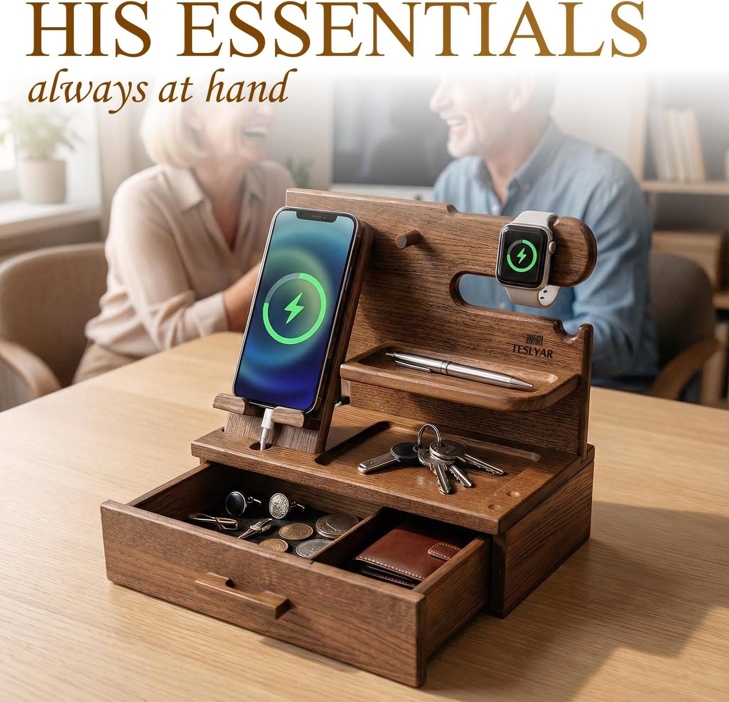 TESLYAR Wood Phone Docking Station with Drawer - Nightstand Organizer - Desk Organizer for Husband - Birthday Gifts for Men, Dad, Anniversary Idea, Key Holder Stand Watch & Accessories (Antique Brown)