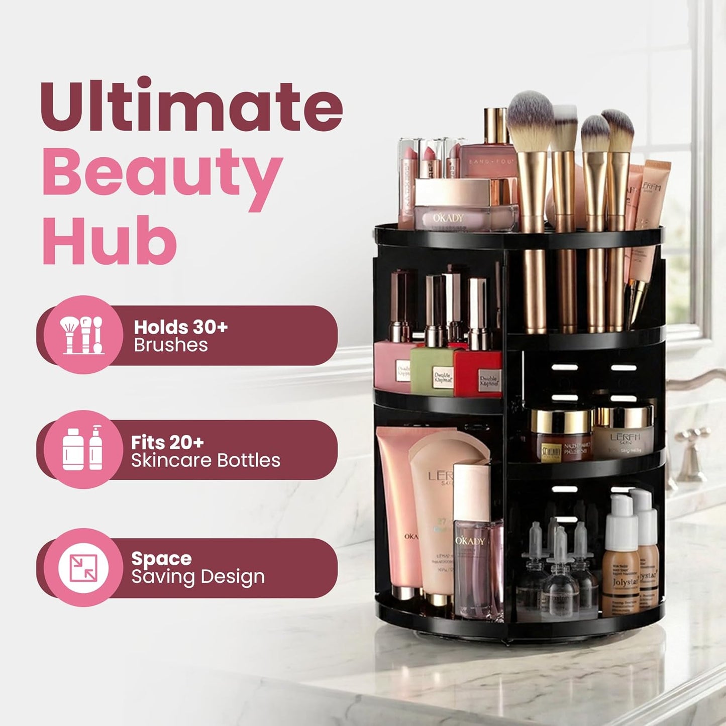 Masirs Small 360 Rotating Makeup Organizer - Mini Yet Spacious Cosmetic Storage Solution with Multiple Compartments - The Perfect Spinning Make-Up Caddy for Vanity or Bathroom Counter (Round - Clear)