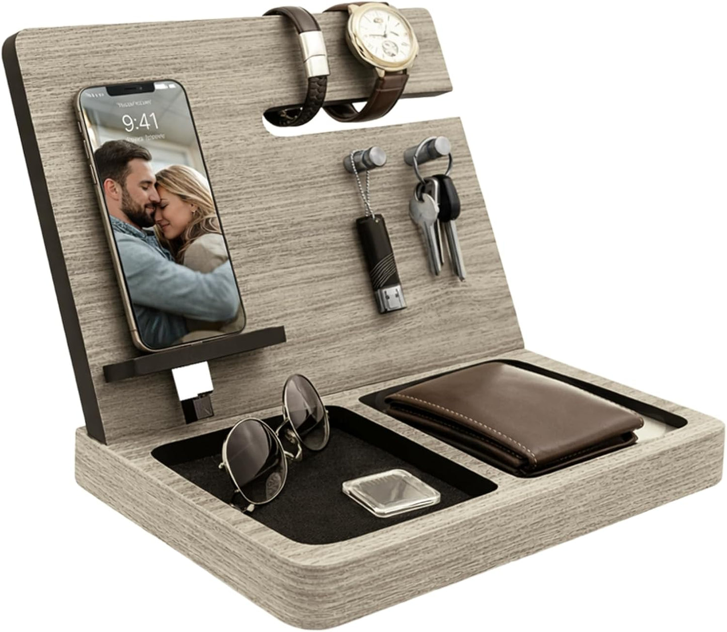 Namore Nightstand Organizer for Men – Wood Phone Docking Station & Bedside Valet Tray Organizer for Wallet, Watch & Keys – Unique Gifts for Men, Husband, Dad