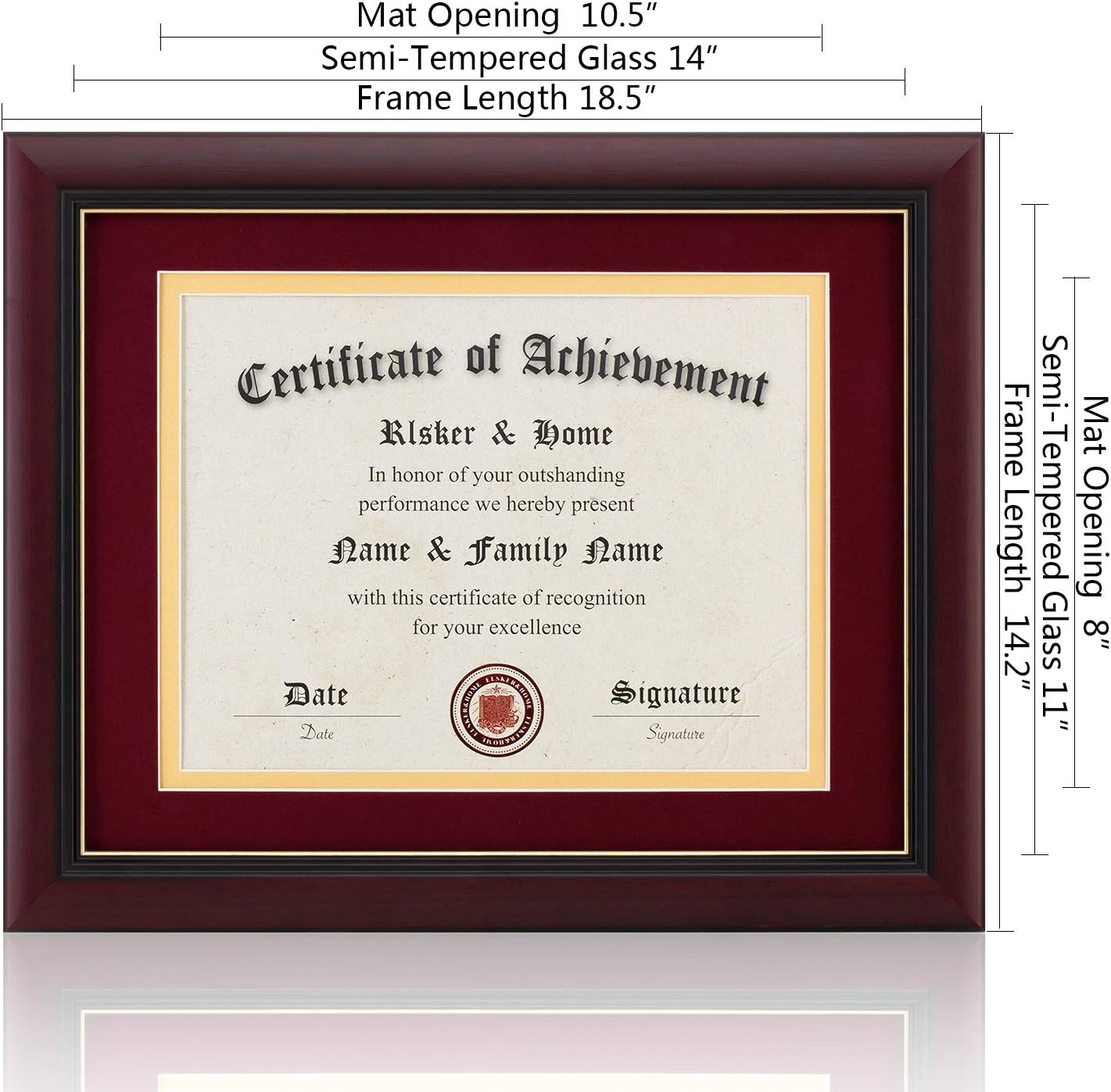 ELSKER&HOME Diploma Frame - Wide Solid Wood Frame - Black Velvet Golden Rim Mat - Semi-Tempered Glass - Includes Hanging Hardware and Desktop Easel(ONLY Display 11×14 Document/Certificate)