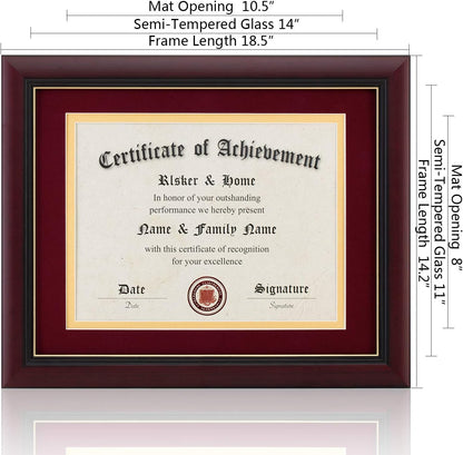 ELSKER&HOME Diploma Frame - Wide Solid Wood Frame - Black Velvet Golden Rim Mat - Semi-Tempered Glass - Includes Hanging Hardware and Desktop Easel(ONLY Display 11×14 Document/Certificate)