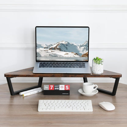 TEAMIX 26 inch Triangle Monitor Stand Riser, Desktop Corner Shelf with Metal Leg Wood Computer Stand with Storage Laptop Riser Office Organization