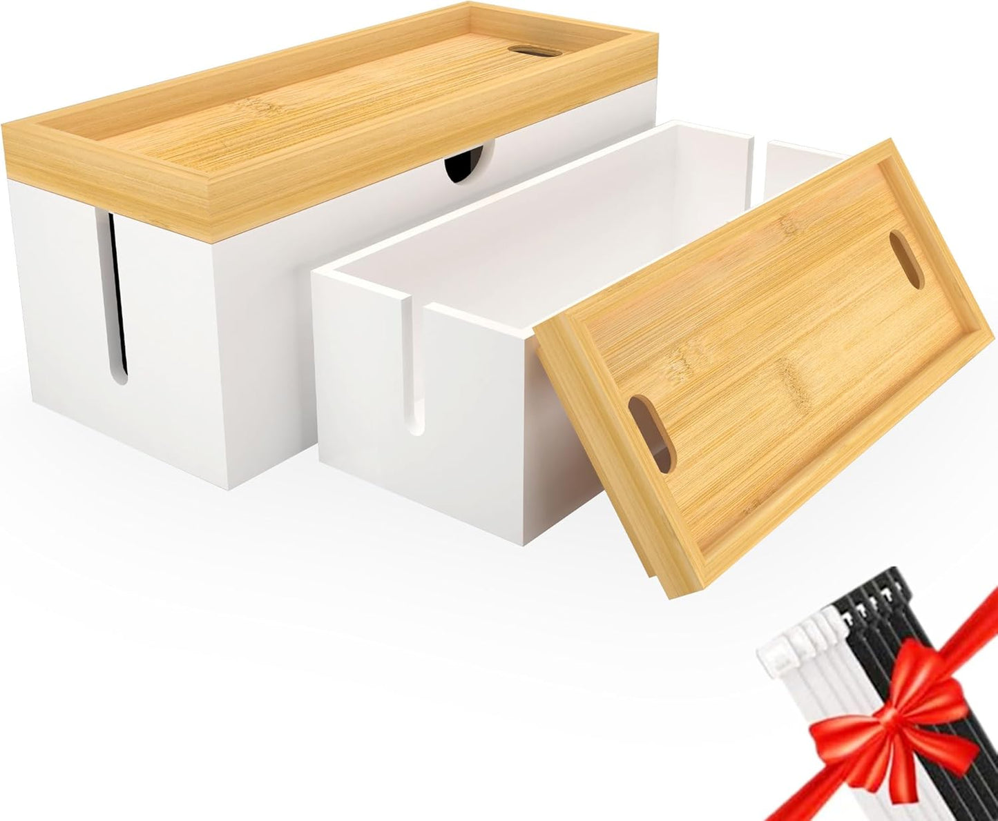 Bamboo Cable Management Box, Large Cord Organizer Box Cable Box to Hide Wires & Power Strips for Desktop Storage Cord Holder for Office Home,No Assembley Required (All White, Large)