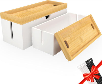 Bamboo Cable Management Box, Large Cord Organizer Box Cable Box to Hide Wires & Power Strips for Desktop Storage Cord Holder for Office Home,No Assembley Required (All White, Large)