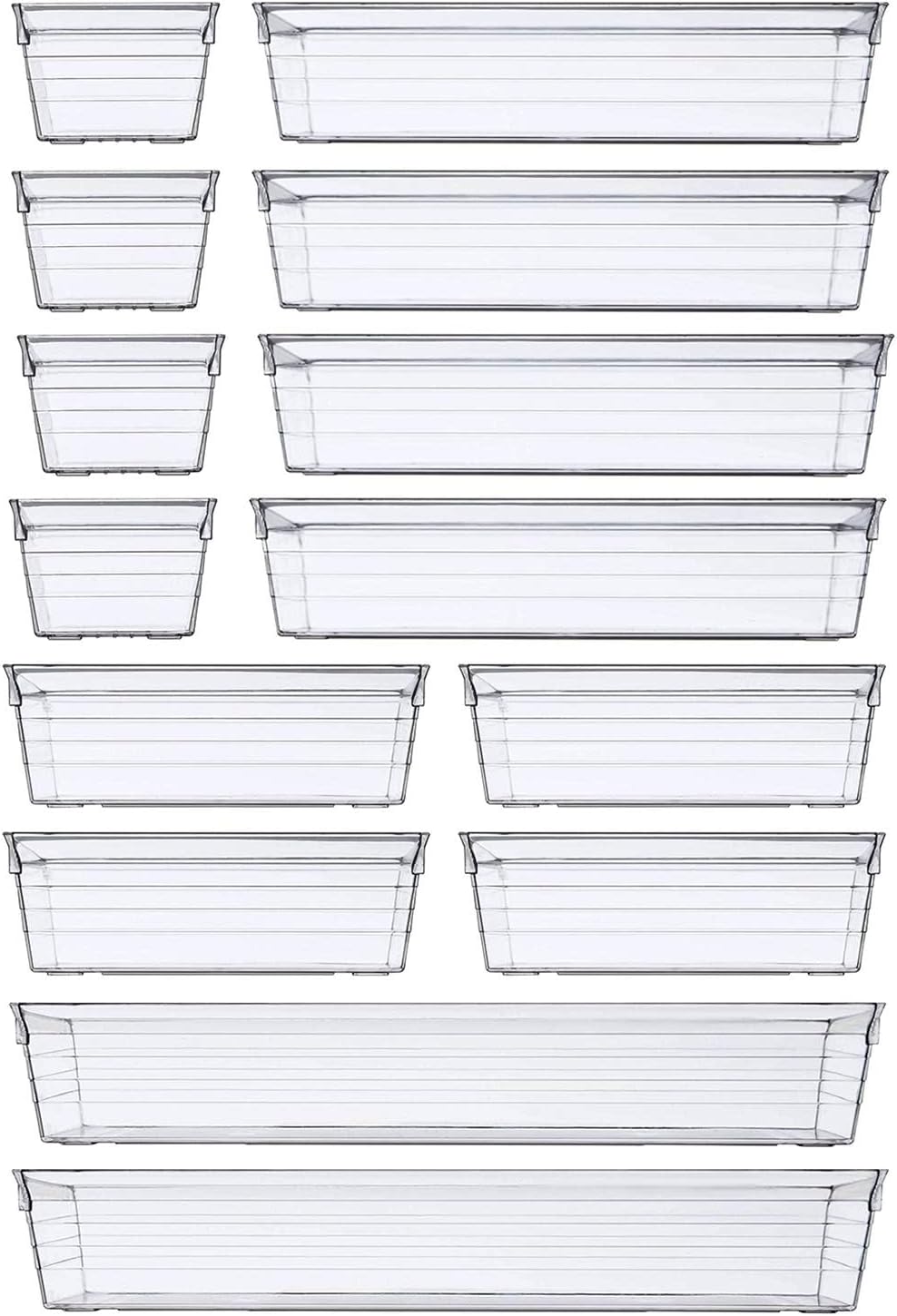 DCA 44 PCS Clear Drawer Organizers Set, 4 Size Versatile Bathroom and Vanity Organizer Trays, Cosmetic Display Cases for Makeup, Jewelries, Bedroom, Kitchen Utensils and Office