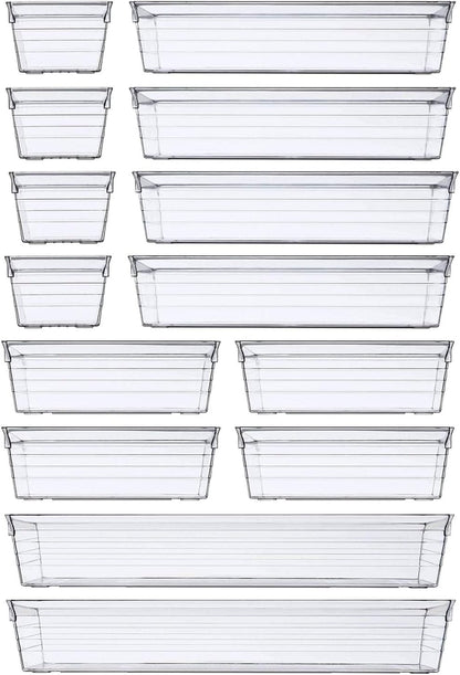 DCA 44 PCS Clear Drawer Organizers Set, 4 Size Versatile Bathroom and Vanity Organizer Trays, Cosmetic Display Cases for Makeup, Jewelries, Bedroom, Kitchen Utensils and Office