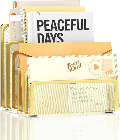 Mail Organizer Countertop with 5 Slot, Metal Mail Holder for Desk, File Holder Letter Sorter for Envelope, Bill and Document (Rose Gold)