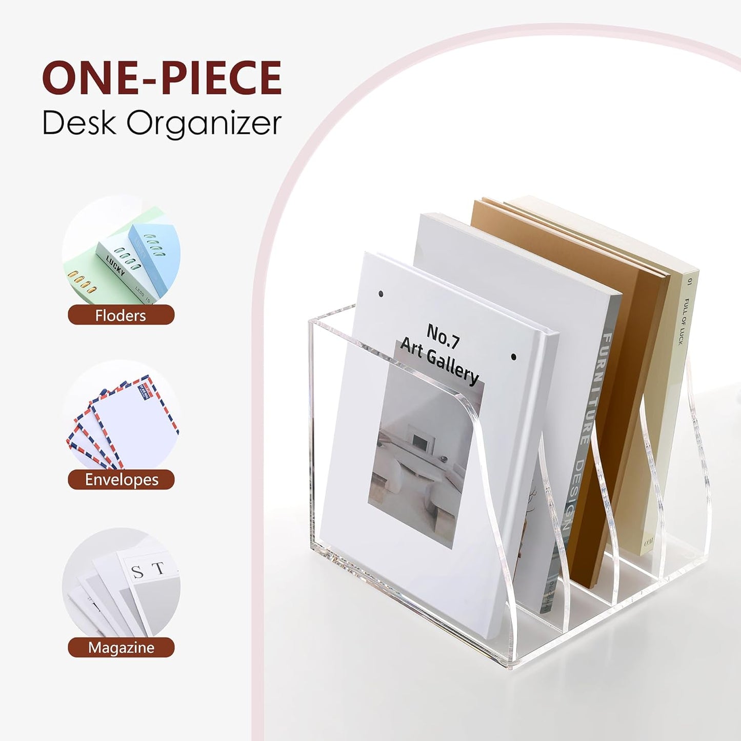 SANRUI Acrylic File Organizer, Clear Magazine File Holder Desk Organizer for Office Organization and Storage with 5 Vertical Compartments, Desktop Bookshelf for Home Office Organization