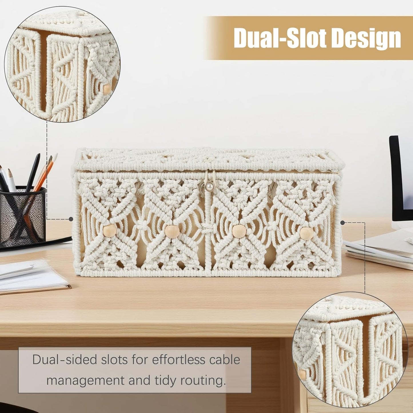 Cable Management Box Handmade Macrame Cord Storage Organizer Power Strips Outlet Router Adapter TV Wire Hider Cover Under Desk Natural Cotton Rope Woven Boxes with Lid (Off White, Large)