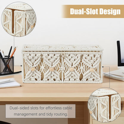 Cable Management Box Handmade Macrame Cord Storage Organizer Power Strips Outlet Router Adapter TV Wire Hider Cover Under Desk Natural Cotton Rope Woven Boxes with Lid (Off White, Large)