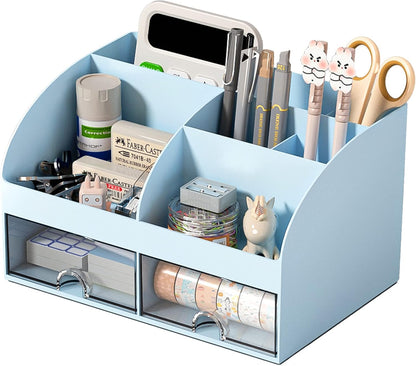 COMFYROOM Desk Organizer with 6 Compartments and 2 Drawers, Plastic Makeup Organizer, Pen Holder for Desktop Storage, Desk Organization for School, Home, Office Supplies (White)