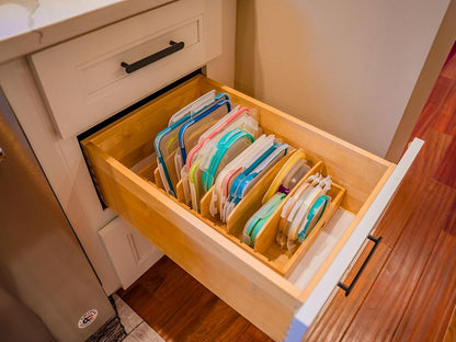 Umilife Kitchen Cabinet Organizer for Food Storage Container Lids, with Adjustable Dividers, Bamboo Drawer Caddy, Box for Kitchen Storage And Organization