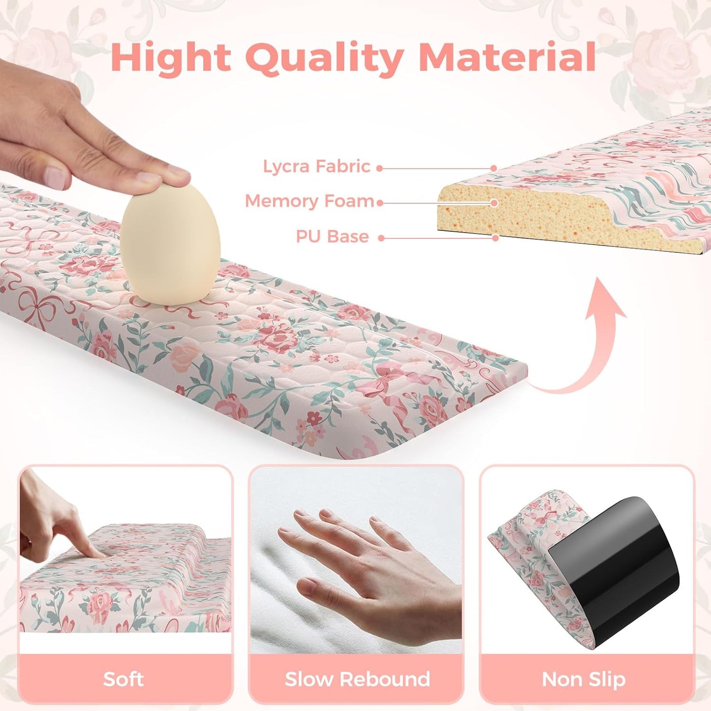 2 in 1 Keyboard Stand for Desktop, Floral Wrist Support for Keyboards, Anti-Fatigue Memory Foam Wrist Rest for Computer, 3-Angle Adjustable Keyboard Riser for Office Home (Pink Bow)