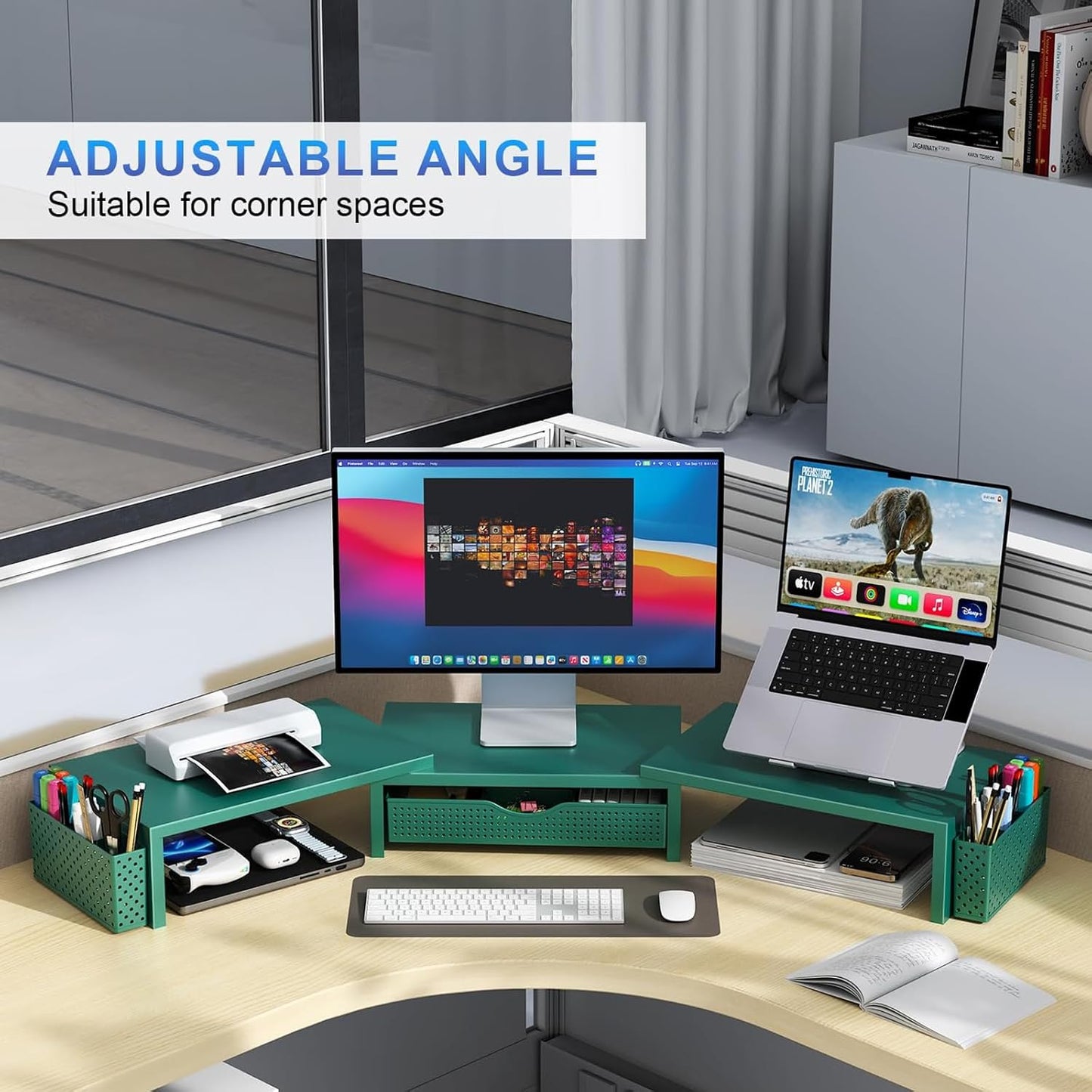 gianotter Dual Monitor Stand Riser, Desk Organizer With Drawer and 2 Pen Holders, Computer Monitor Stand, Shelf for Top of Desk, Black