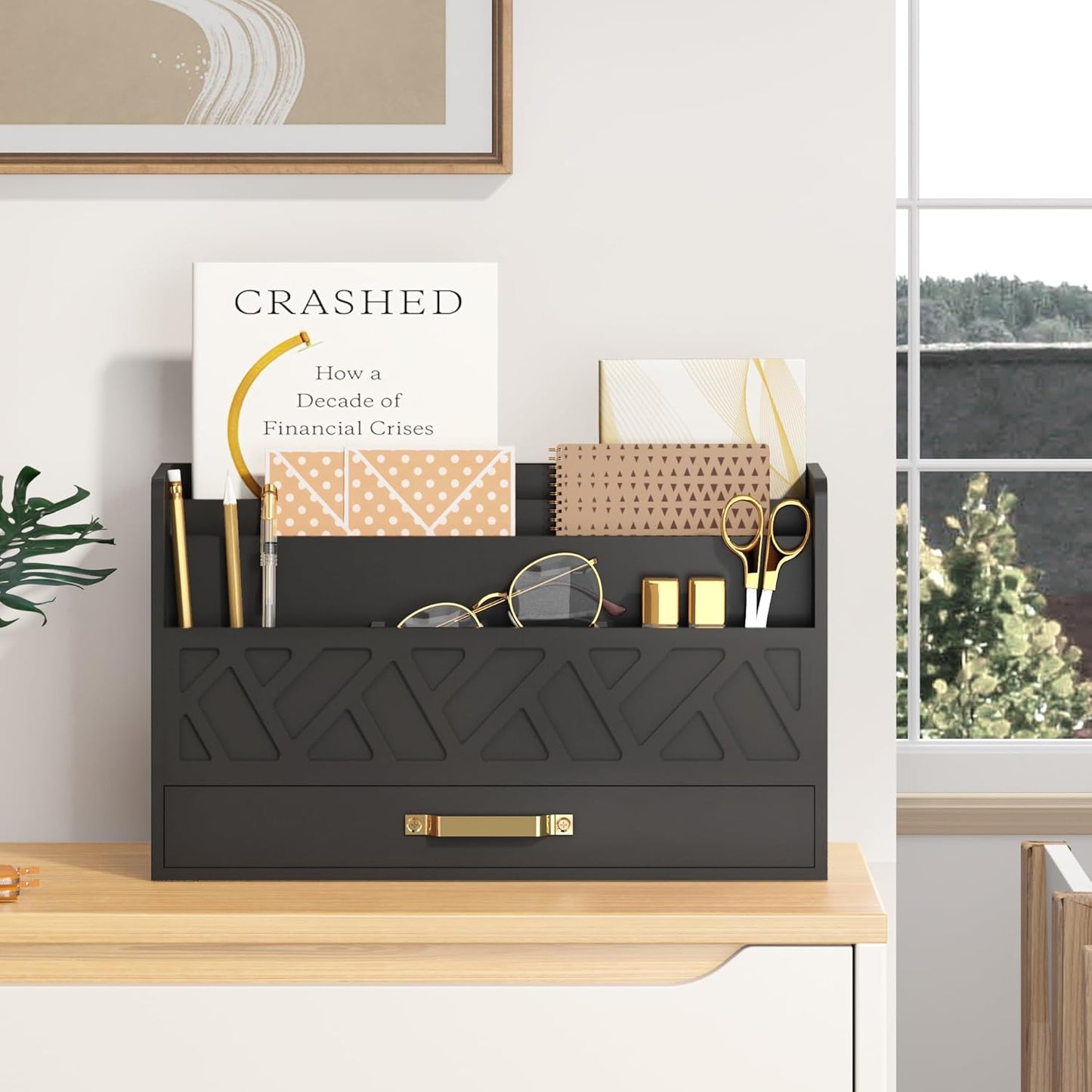 WISUCART Bamboo Desk Organizer Mail Holder Countertop Wood Desk Drawer Tabletop Storage Box Pen Holder Letter Sorter Makeup Organizer for School Home Office Supplies with Pen Holder White