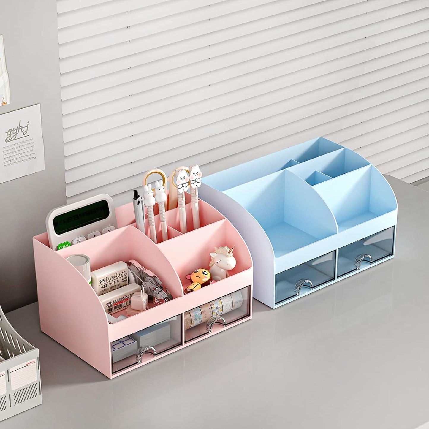 COMFYROOM Desk Organizer with 6 Compartments and 2 Drawers, Plastic Makeup Organizer, Pen Holder for Desktop Storage, Desk Organization for School, Home, Office Supplies (White)