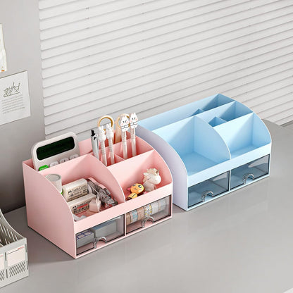 COMFYROOM Desk Organizer with 6 Compartments and 2 Drawers, Plastic Makeup Organizer, Pen Holder for Desktop Storage, Desk Organization for School, Home, Office Supplies (White)