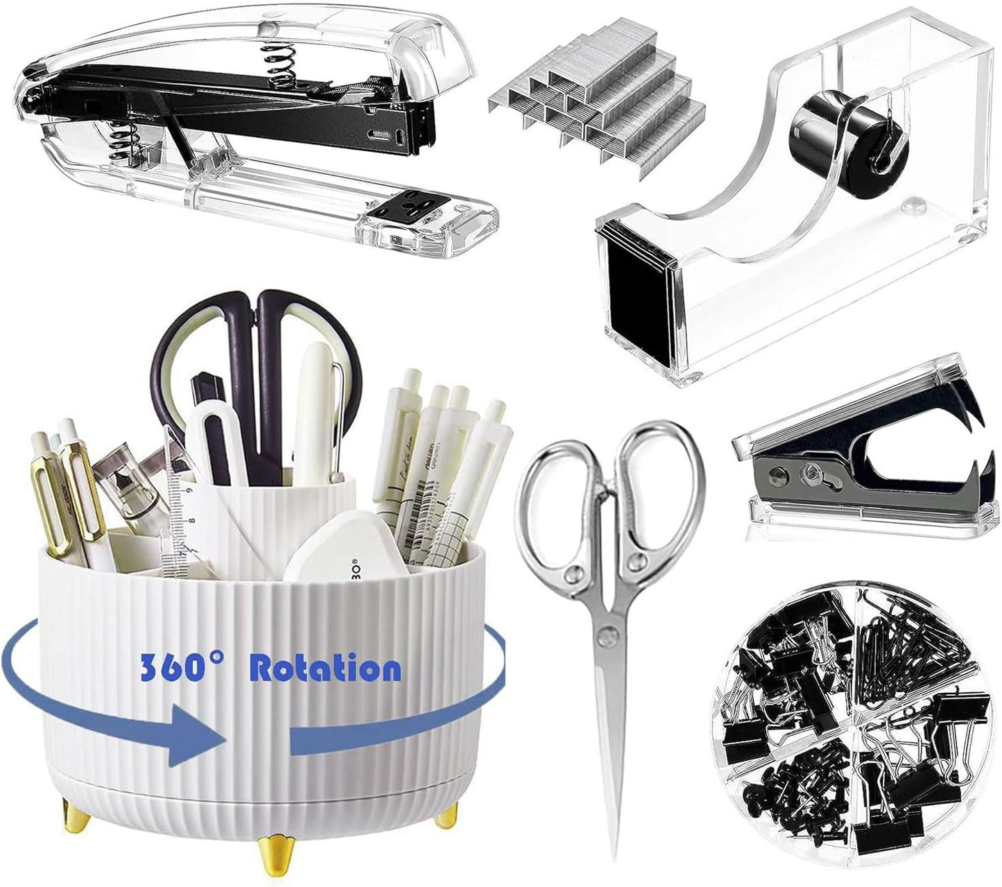 Gawsey Gold Desk Organizers and Accessories Set with 360-Degree Rotating Pen Holder, Acrylic Stapler, Tape Holder, Staple Remover, Binder/Paper Clips Kit, Scissor and 1 Box of Staples