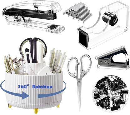 Gawsey Gold Desk Organizers and Accessories Set with 360-Degree Rotating Pen Holder, Acrylic Stapler, Tape Holder, Staple Remover, Binder/Paper Clips Kit, Scissor and 1 Box of Staples