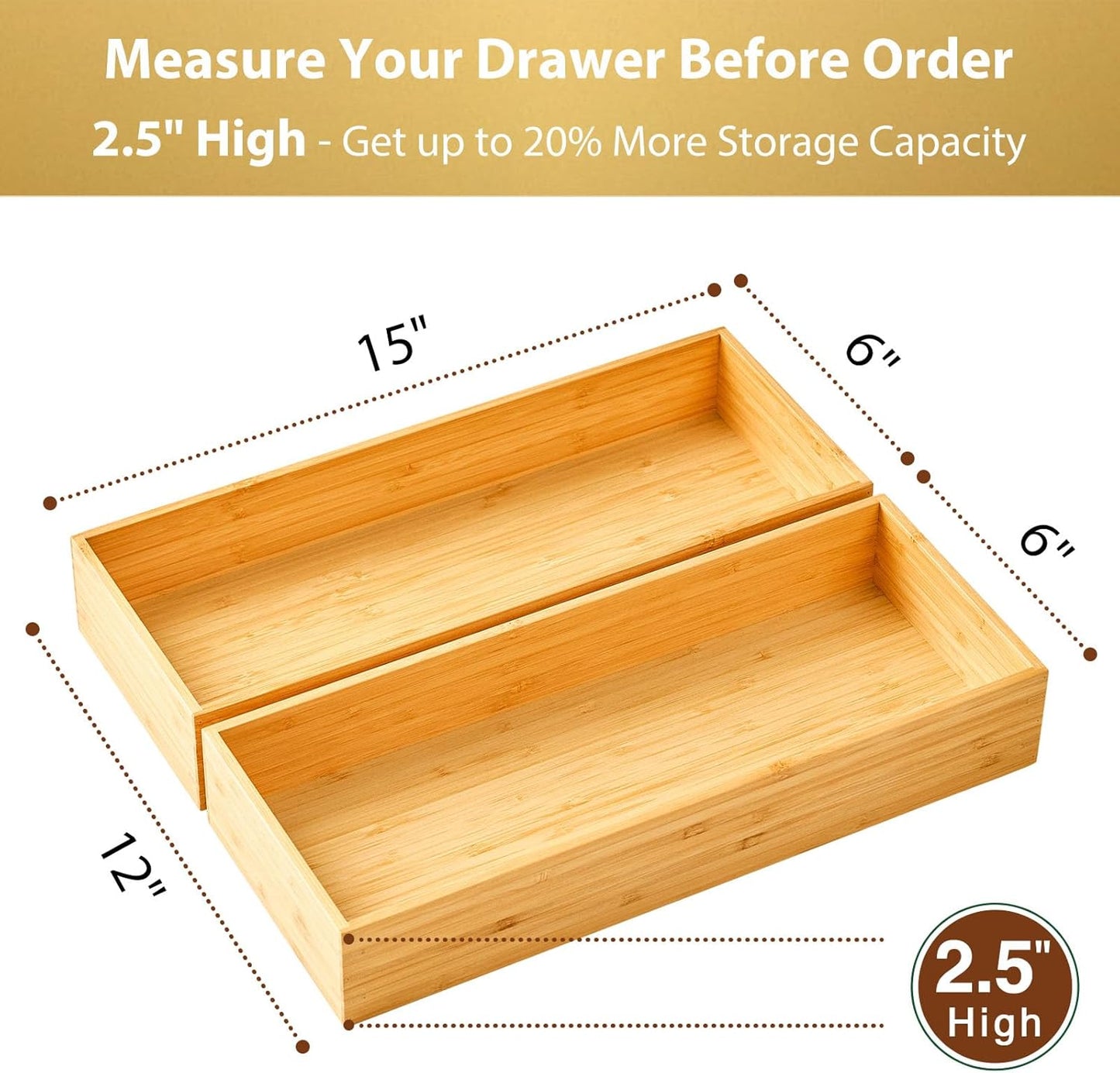 Umilife Bamboo Kitchen Drawer Organizer, Extra High Silverware Tray, Flatware Cutlery Storage Box, Multi-Use Holder in Office, Bathroom, Pantry - 9"x6"x2.5" (Set of 2)