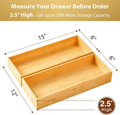 Umilife Bamboo Kitchen Drawer Organizer, Extra High Silverware Tray, Flatware Cutlery Storage Box, Multi-Use Holder in Office, Bathroom, Pantry - 9"x6"x2.5" (Set of 2)