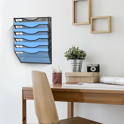 BOHDK Wall File Organizer, 6 Tier Hanging File Folder Mail Organizer, Vertical Mesh Metal Wall Mount Hanging File Holder, Paper Document Magazine Rack for Home Office Black