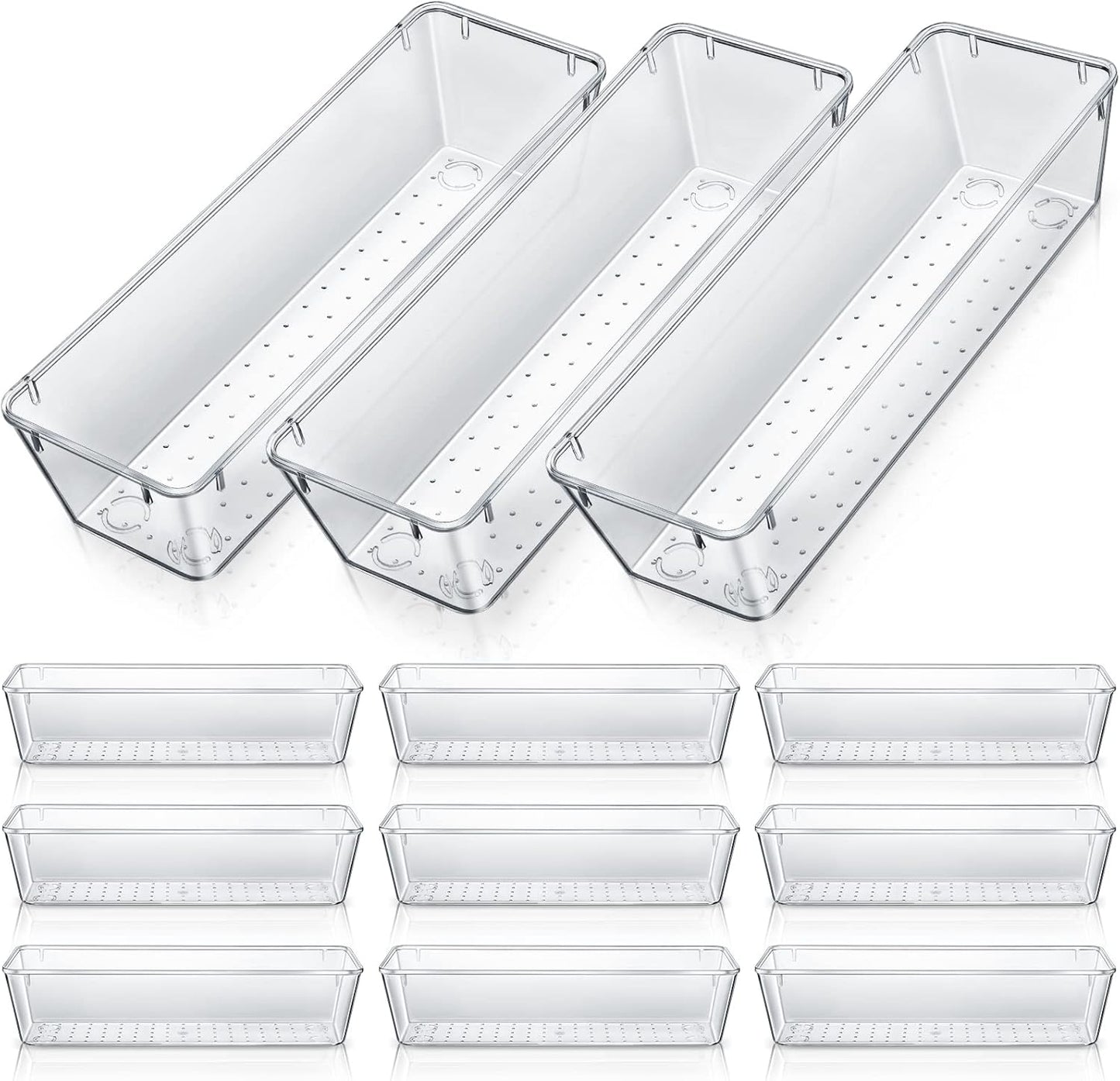 Maitys 12 Pcs Clear Drawer Organizer 9 x 3 x 2 Inches Plastic Rectangle Trays Makeup Vanity Storage Bins and Kitchen Drawers Dividers for Office Desk Silverware Kitchen Utensils(Clear)