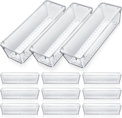 Maitys 12 Pcs Clear Drawer Organizer 9 x 3 x 2 Inches Plastic Rectangle Trays Makeup Vanity Storage Bins and Kitchen Drawers Dividers for Office Desk Silverware Kitchen Utensils(Clear)
