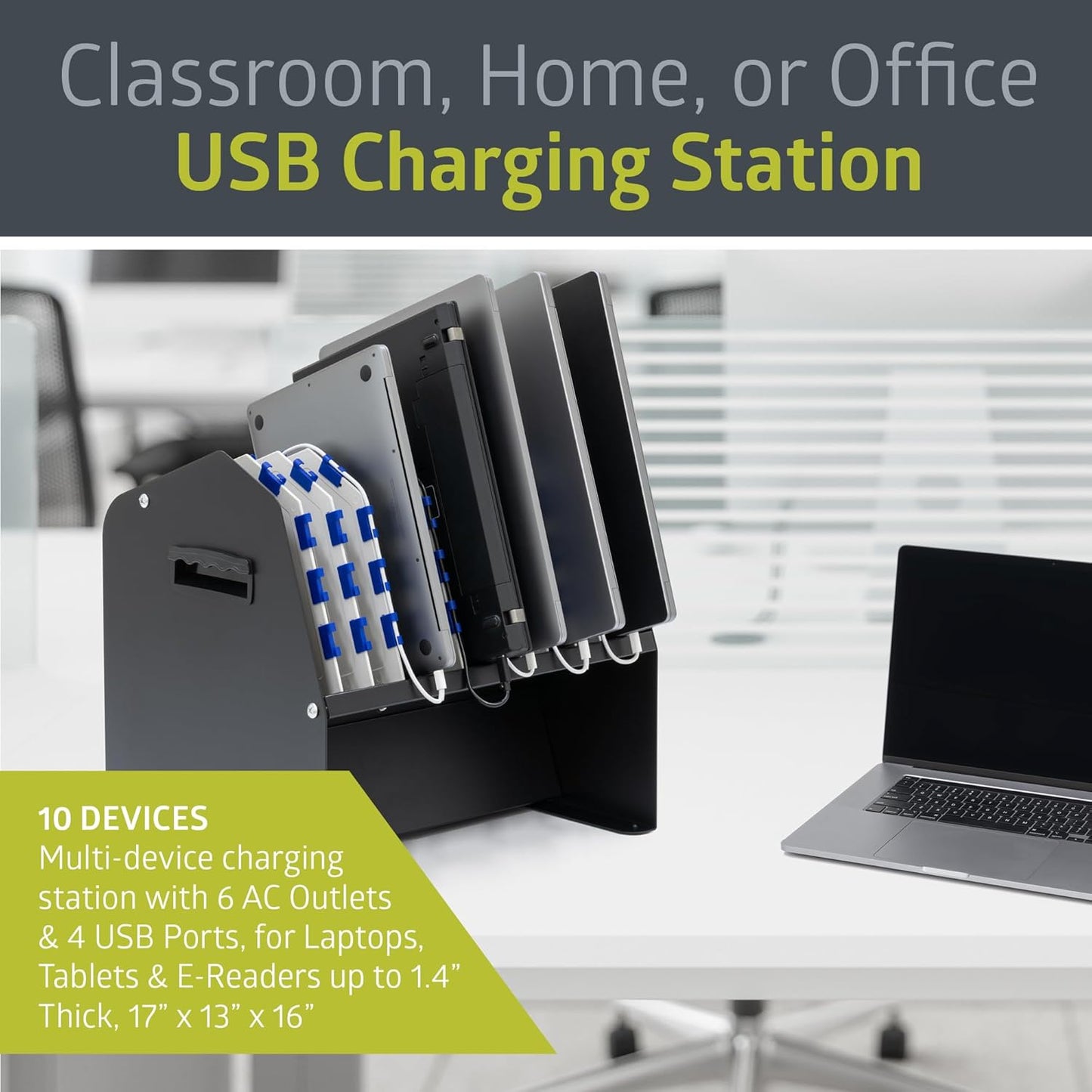 Pearington 10-Device USB Laptop Charging Station for Classroom, Home, or Office, Includes 6 AC Outlets & 4 USB Ports, Store Laptops, Tablets & E-Readers up to 1.4" Thick, 17" x 13" x 16"