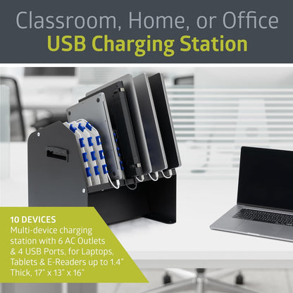 Pearington 10-Device USB Laptop Charging Station for Classroom, Home, or Office, Includes 6 AC Outlets & 4 USB Ports, Store Laptops, Tablets & E-Readers up to 1.4" Thick, 17" x 13" x 16"