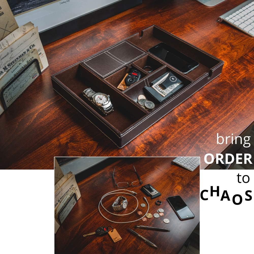 ULTRAY Nightstand Organizer, Valet Tray for Men and Women, EDC Tray, Dresser Top Catchall, Dark Brown Faux Leather, 6 Compartments