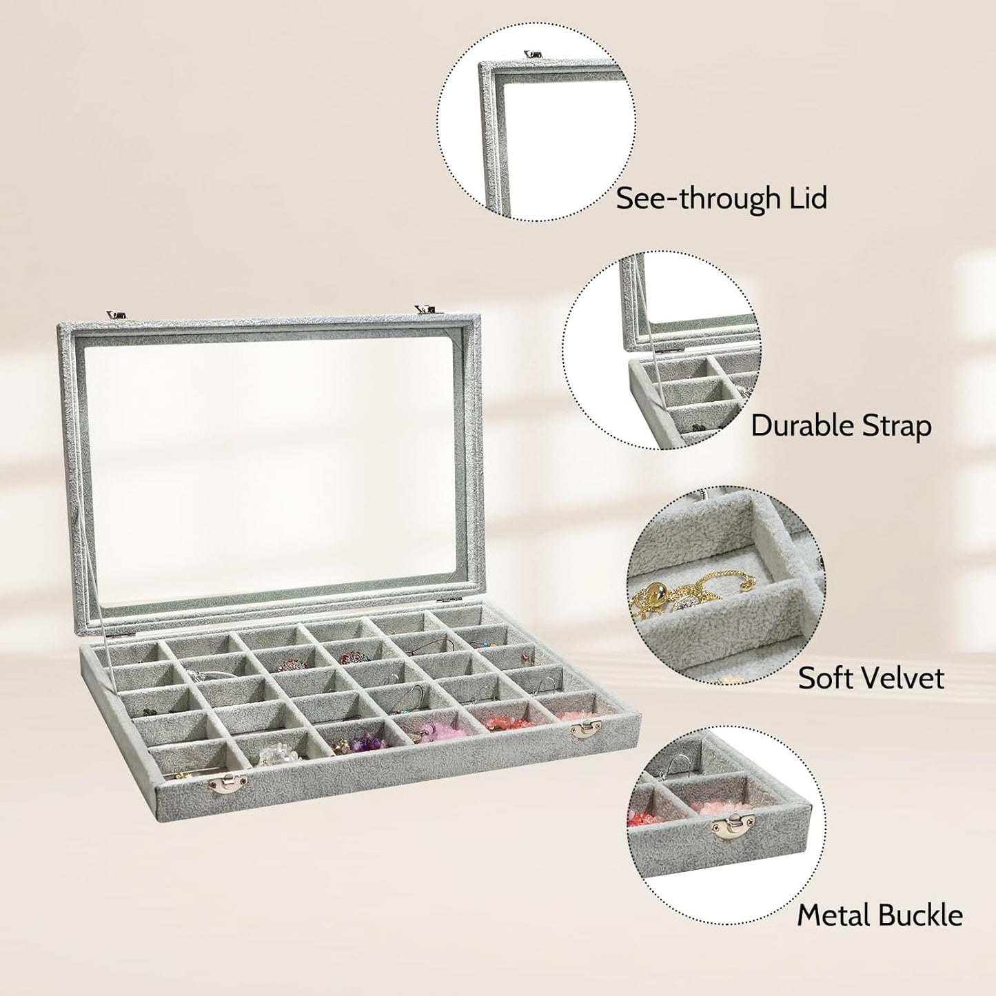 Stratalife Jewelry Organizer Bracelet Organizer Storage Box 12 Grid Stackable Jewelry Tray with Lid Velvet Jewelry Box for Drawer Necklace Bracelet Display Storage Organizer Box (Beige)