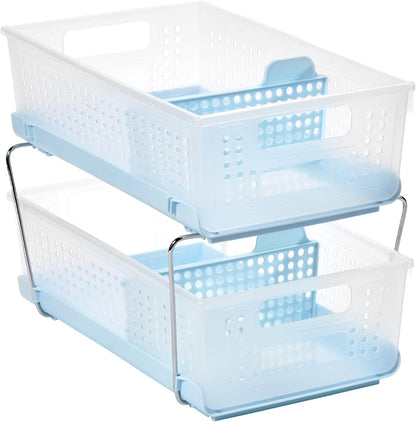 madesmart Two-Tier Bathroom Cabinet Organizer, Sliding Drawer Storage for Bottles, Sponges & Cleaning Supplies, Blue