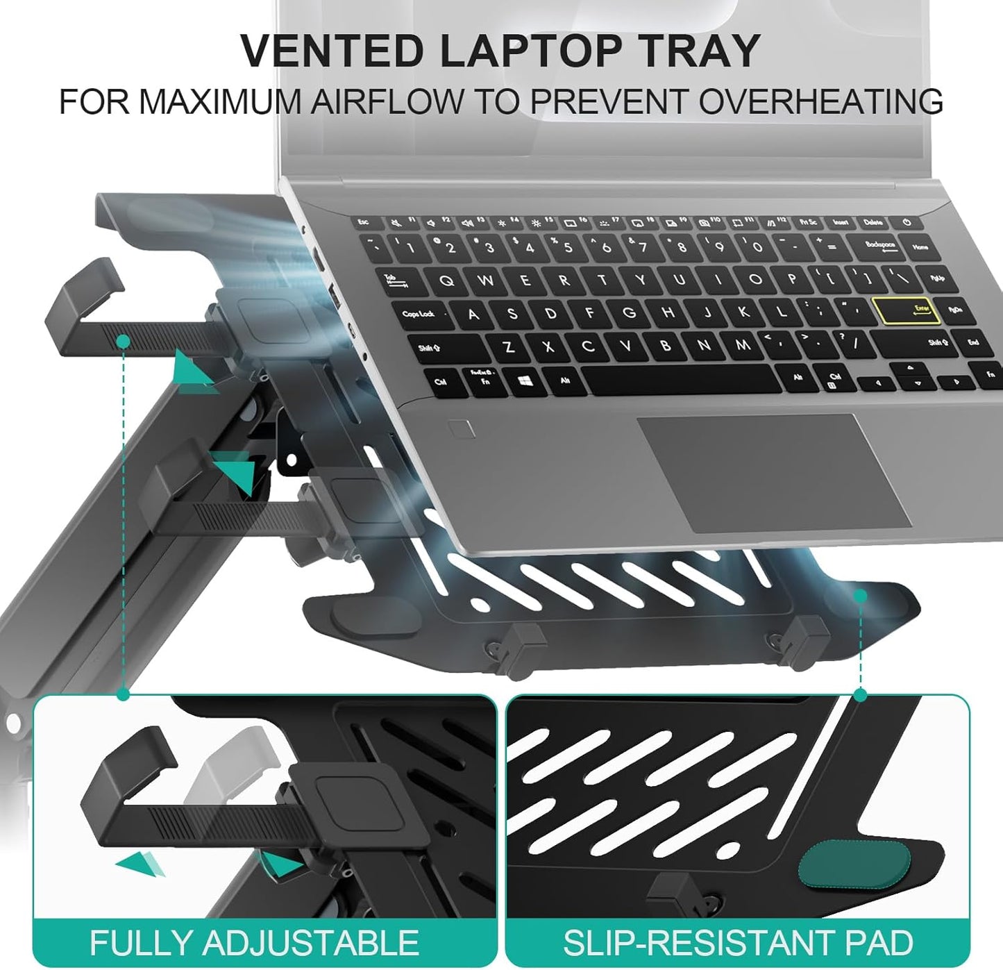 WALI Laptop Desk Mount for 17 inch Notebook, Adjustable Single Monitor Arm with Laptop Holder for 32 inch Screen, Laptops Stand with Ventilated Tray, Up to 22 lbs, (M00LP), Black
