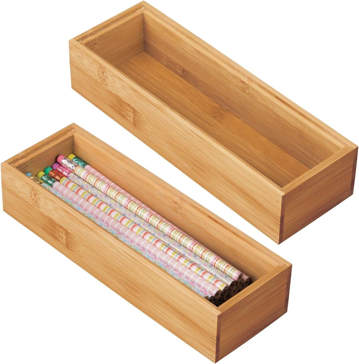 mDesign Slim Wooden Bamboo Drawer Organizer for Office - 12" Long Stackable Storage Box Tray for Desk Drawers/Cabinet - Junk Drawer and Accessories Organization - Echo Collection, 2 Pack, Natural Wood